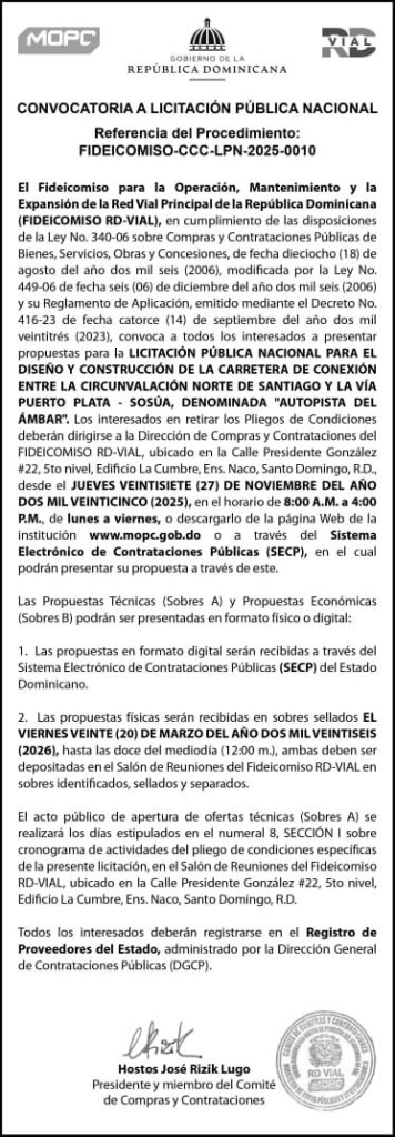 Fideicomiso RD-Vial convoca a Licitación Pública Nacional para el diseño y construcción de la Autopista del Ámbar